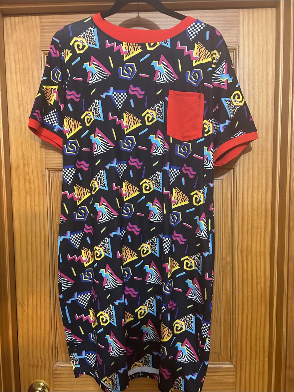 Retro Graphic Black Tee Dress with Neon Geometric Print